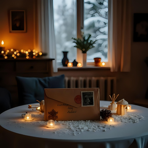 Stamped and postmarked envelope on a table